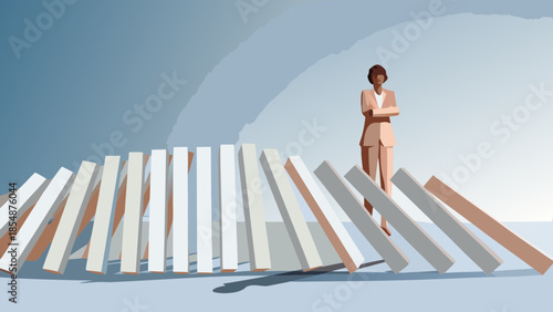 A woman in beige business suit stands confidently on falling white and brown blocks