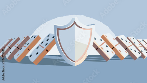 Flat vector illustration of shield positioned in front of falling dominoes symbolizing