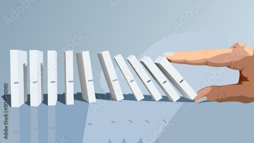 Flat vector illustration of a finger gently nudging a row of white falling dominoes