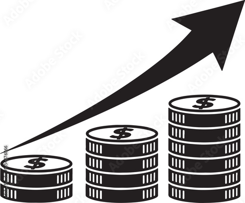 Increasing financial growth and prosperity with stacks of coins and rising arrow
