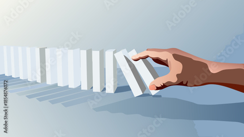 Flat vector illustration of single hand stopping domino effect with white blocks in blue