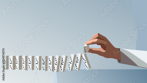 Flat vector illustration of a person removing one domino from a falling row