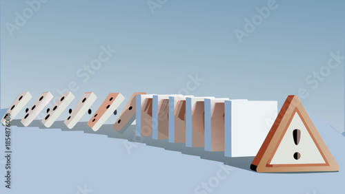 Flat vector illustration of a warning sign placed beside falling dominoes in a line on a blue