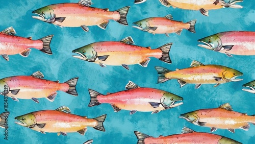 Watercolor illustration of salmon swimming on turquoise background