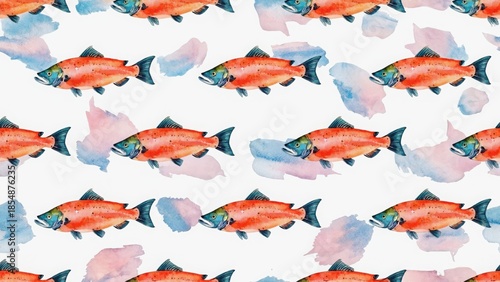 Watercolor pattern of salmon fish on abstract splash background