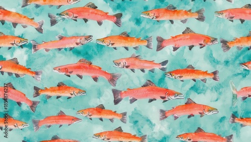 Watercolor pattern of salmon on turquoise background