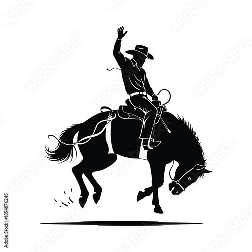 A dynamic cowboy riding a bucking horse arms raised in celebratory gesture silhouette