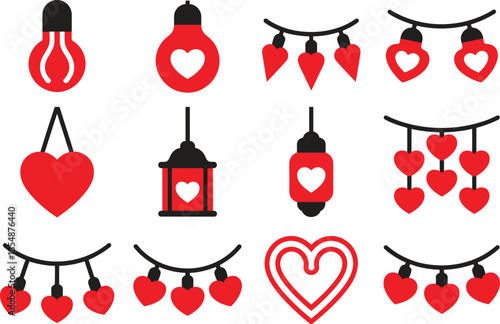 Heart lights icon set, romantic love lanterns and garland, vector illustration isolated on white background