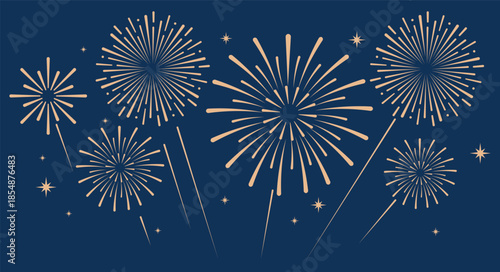 Elegant gold fireworks burst and sparkling stars on clean blue background, festive celebration illustration for New Year, holiday party, greeting card, luxury event design, minimalist style vector.