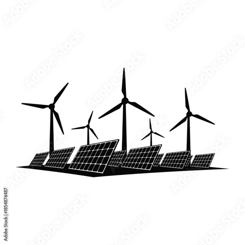 Wind turbines and solar panels combine for clean energy production a striking silhouette