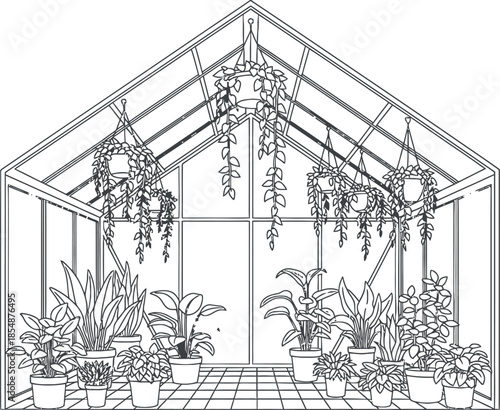 Greenhouse with Potted Plants and Hanging Vines