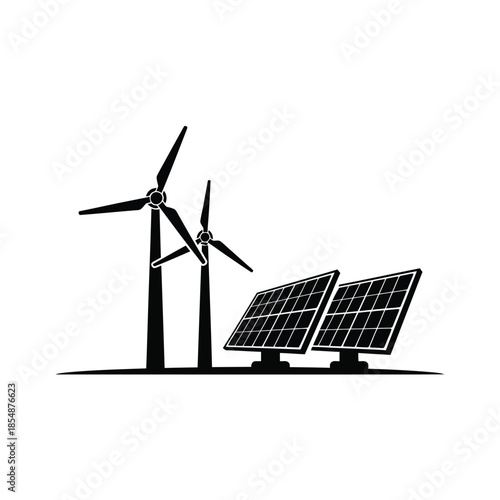 Renewable energy sources depicted with wind turbines and solar panels black silhouette