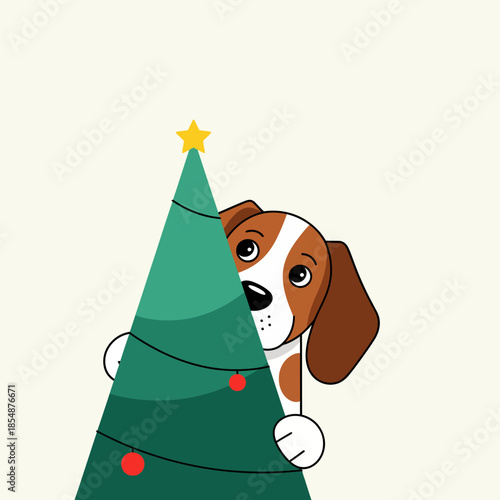 Adorable Christmas dog peeking around a decorated tree, wishing you happy holidays this winter season