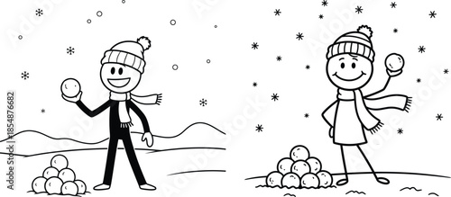 Two stick figures enjoying a snowball fight in the snow