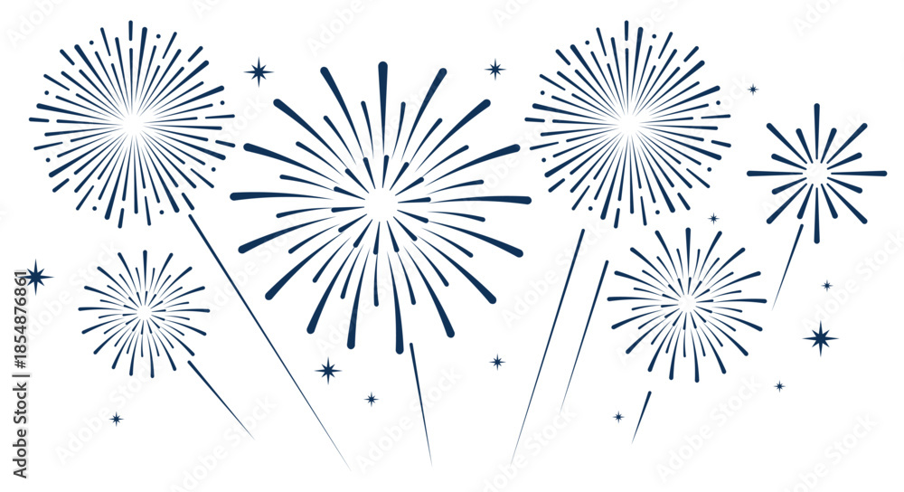 Obraz premium Elegant blue fireworks burst and sparkling stars on clean white background, festive celebration illustration for New Year, holiday party, greeting card, luxury event design, minimalist style vector.