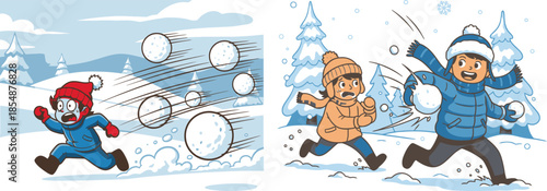 Children playfully engaged in a lively snowball fight during winter