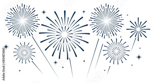 Elegant blue fireworks burst and sparkling stars on clean white background, festive celebration illustration for New Year, holiday party, greeting card, luxury event design, minimalist style vector.