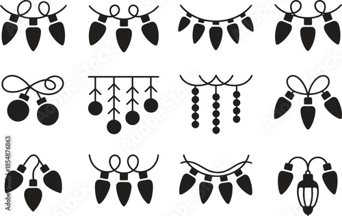 Festival lights and lanterns icon set, decorative starburst symbols, vector silhouette isolated on white background