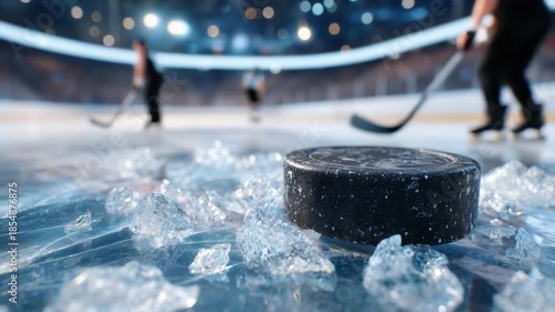 240Black hockey puck resting on icy rink surface, broken ice shards scattered around, arena lights reflecting off frozen ice, close-up capturing sports equipment ready for fast-paced