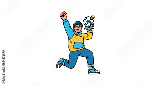 Young Man Celebrating Victory with Trophy and Medal Winner of Competition Triumph and Achievement Concept