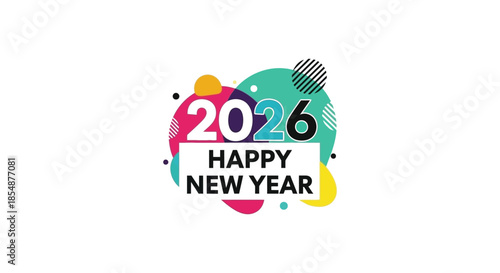 Colorful abstract design featuring the year 2026 and a happy new year greeting message