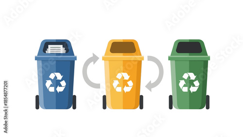 Colorful recycling bins for paper, plastic, and glass waste management