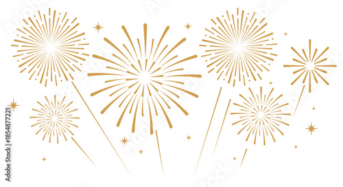 Elegant gold fireworks burst and sparkling stars on clean white background, festive celebration illustration for New Year, holiday party, greeting card, luxury event design, minimalist style vector.