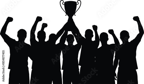 Black vector silhouette of a male sports team celebrating championship win by lifting a trophy cup for success concept