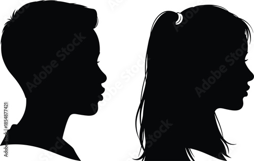 Black vector silhouettes of young boy and girl head profiles facing right side isolated on white background for graphic design concepts.