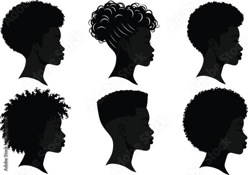 Collection of black silhouettes showing African American people with diverse natural afro hair styles in profile view on white background