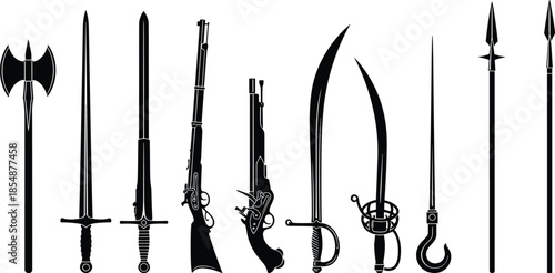 Collection of black silhouette medieval and pirate weapon icons including swords axes guns and spears isolated on white background.