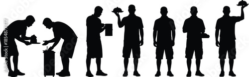 Collection of black vector silhouettes of a male waiter in shorts standing and serving food for casual restaurant design