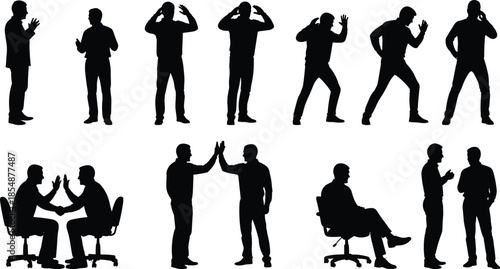 Collection of black vector silhouettes of businessmen in various poses isolated on a white background for business design.