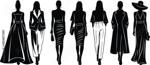 Collection of isolated black vector silhouettes of fashion models wearing stylish dresses and business suits for clothing design concepts