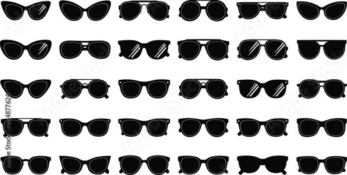 Large set of stylish black sunglasses silhouettes isolated on white background, trendy eyewear icons collection for summer fashion vector illustration.