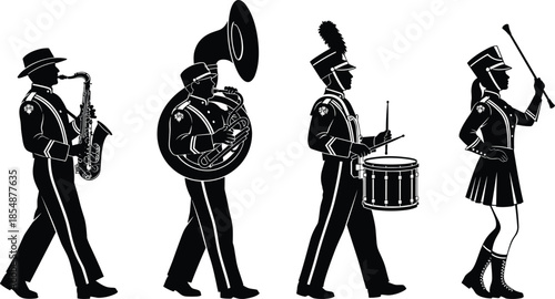 Marching band silhouettes featuring saxophone tuba drummer and majorette isolated on white background for musical parades and halftime shows