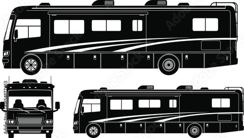 Motorhome RV Camper Van Silhouette Vector Set Front and Side View Graphics for Travel, Camping, Road Trip, and Outdoor Lifestyle Designs