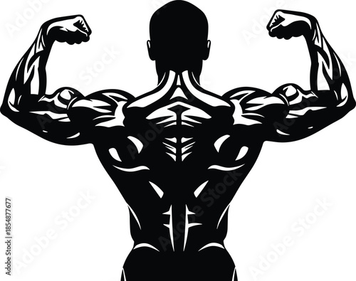 Muscular Bodybuilder Flexing Biceps Silhouette Vector Illustration of a Strong Athletic Man with Defined Back Muscles for Gym and Fitness Design.