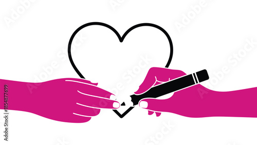 Two Pink Hands Collaboratively Drawing a Heart Outline with a Marker Pen Symbolizing Love Connection Creation and Partnership