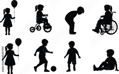 Set of black silhouettes showing diverse children playing including girl in wheelchair boy with soccer ball and girl riding tricycle