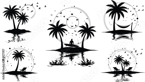 Set of black silhouettes showing happy young people jumping in air with hands up isolated on white background for celebration