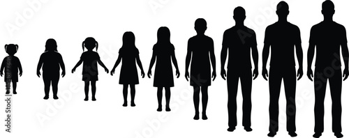 Set of black silhouettes showing human male life cycle stages from toddler to adult man isolated on white background