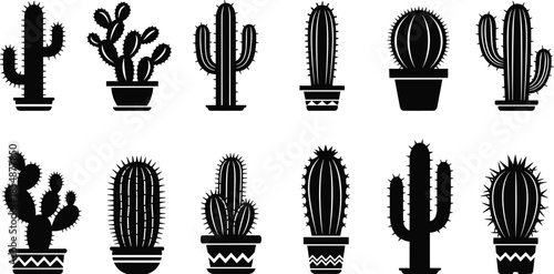 Set of black vector silhouettes of various cactus and succulent plants in pots isolated on white background for decoration.