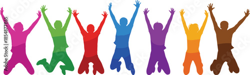 Set of colorful silhouettes showing diverse happy children jumping with hands up isolated on white background for celebration