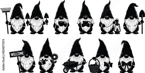 Set of cute garden gnome silhouettes holding gardening tools and lantern isolated on white background funny dwarf vector illustration