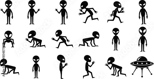 Set of extraterrestrial grey alien silhouettes in different action poses including running crawling and standing with UFO spacecraft vector illustration isolated