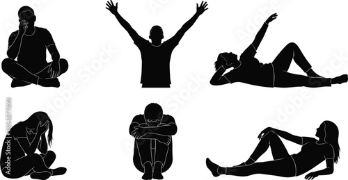 Set of isolated black vector silhouettes featuring men and women sitting lying down and expressing various emotions on white background.