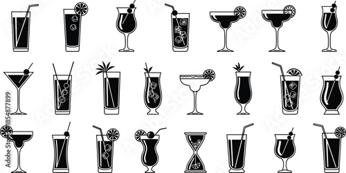 Set of isolated black vector cocktail glass silhouettes with straws and fruit garnishes on white background for bar menu.