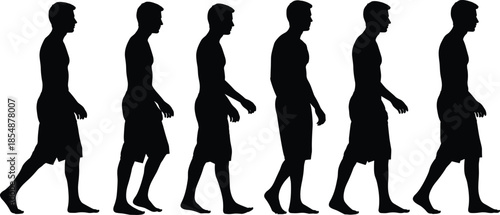 Side view black silhouette sequence of man walking cycle frame by frame animation sprite sheet isolated on white background.