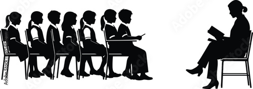 Silhouette vector illustration of a female teacher reading a book to a group of school children sitting in a classroom lesson.